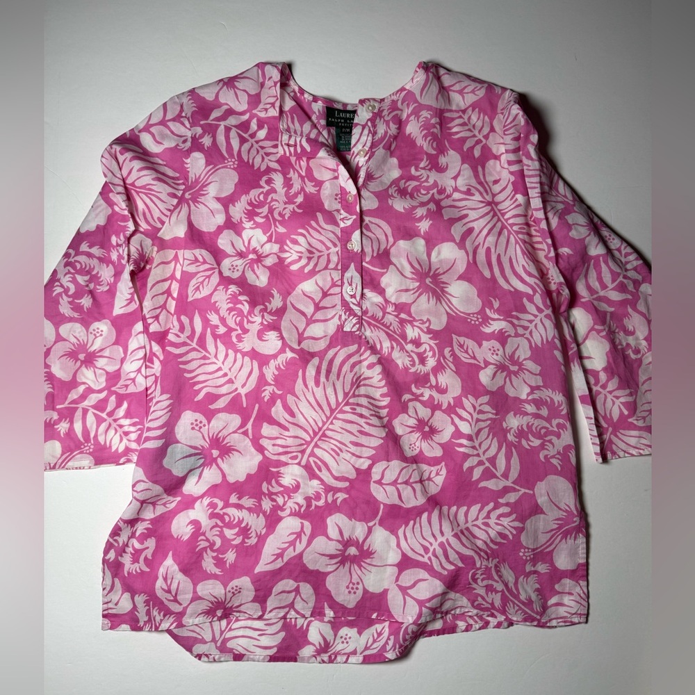 Lauren Ralph Lauren Petite M Pink white Tropical Hibiscus Cotton Tunic Blouse